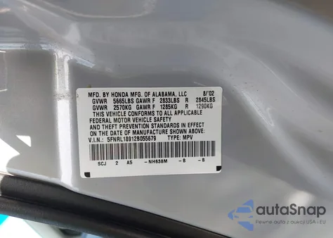 2002 Honda Odyssey Ex-L из США, поврежденный, VIN 5FNRL18912B055679